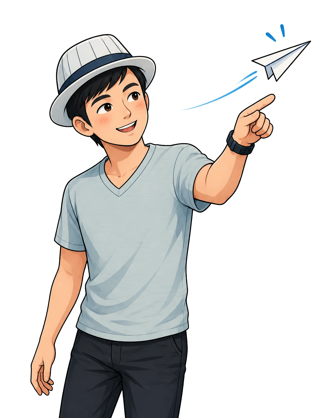Illustrated Jerry pointing toward a paper plane